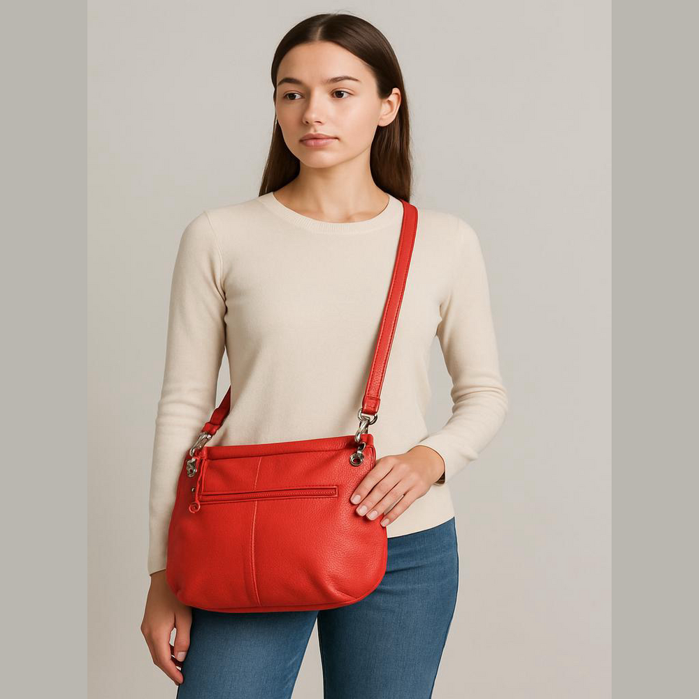 Tignanello Red Leather Hobo Bag With Chain Accent